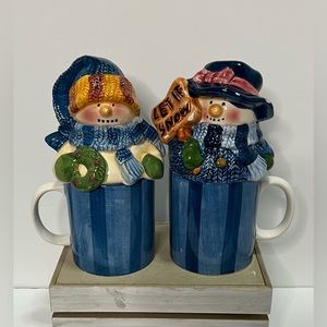 Let It Snow Snowman Xmas Coffee Mug / Tea Cup with lid Set Of 2